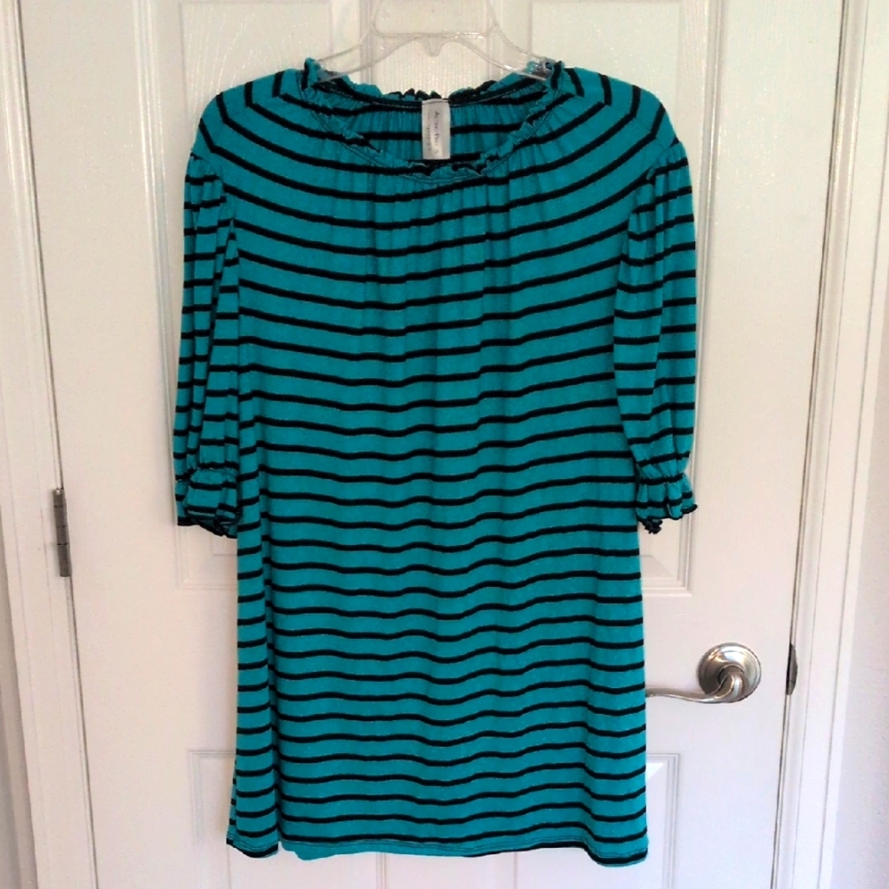 Acting Pro Short Sleeve Teal & Black Striped Blouse - 2X